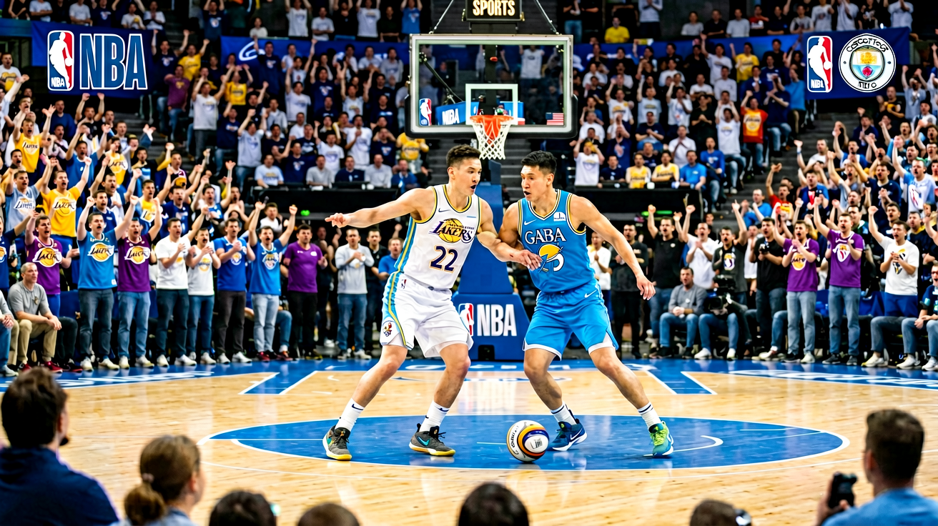 NBA比赛现场，球员在球场上激烈对抗，观众热情欢呼